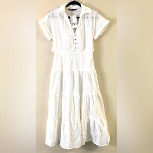 NEW Zara 100% Cotton Eyelet Short Sleeve Midi Dress Small White Boho Festival